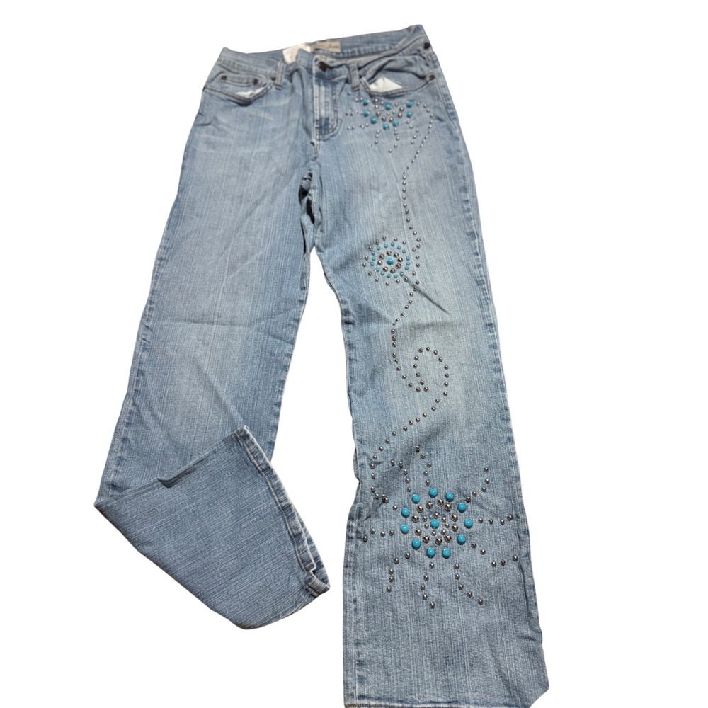 Y2k Lena Jeans Embellished Denim Women's Size‎ 10 Light Wash Turquoise Accents